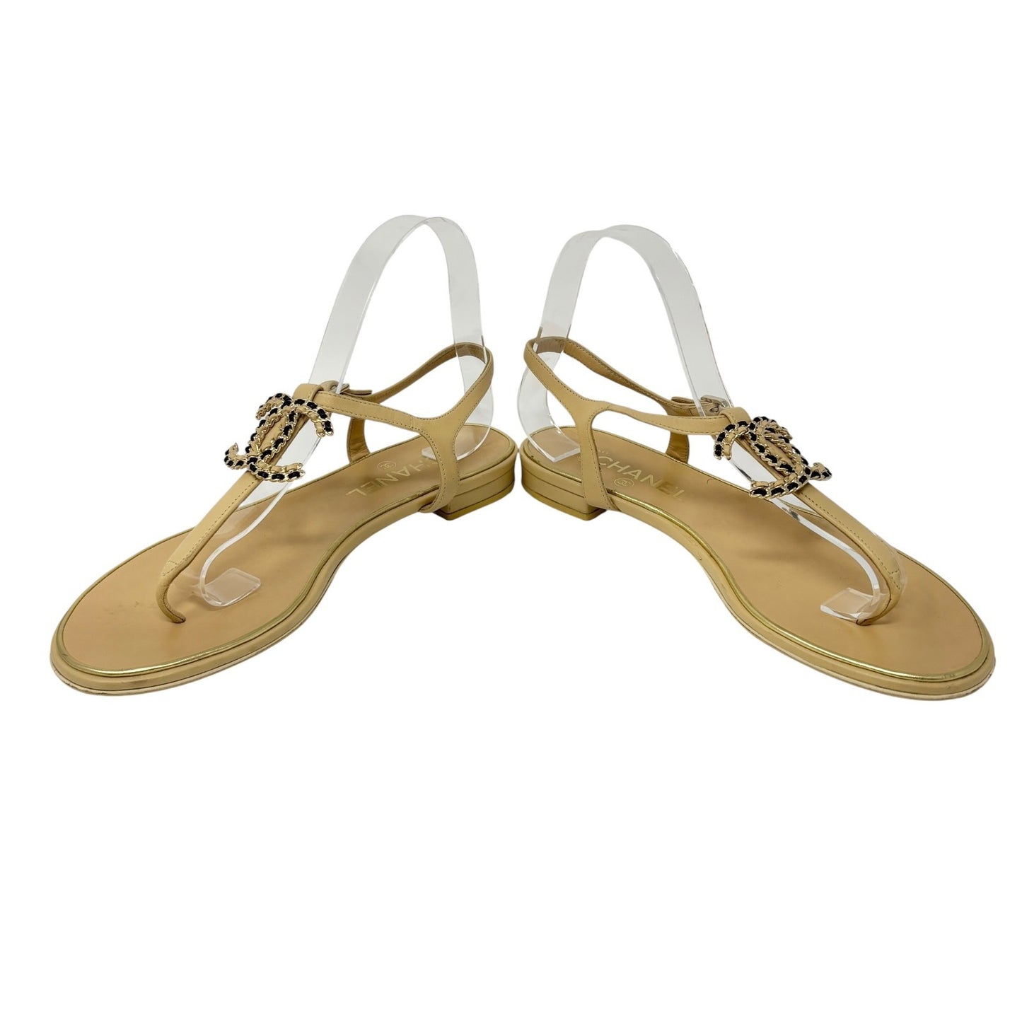 CHANEL Vintage CC Logo Thong Sandals Heels #39 Cream Gold Black Leather