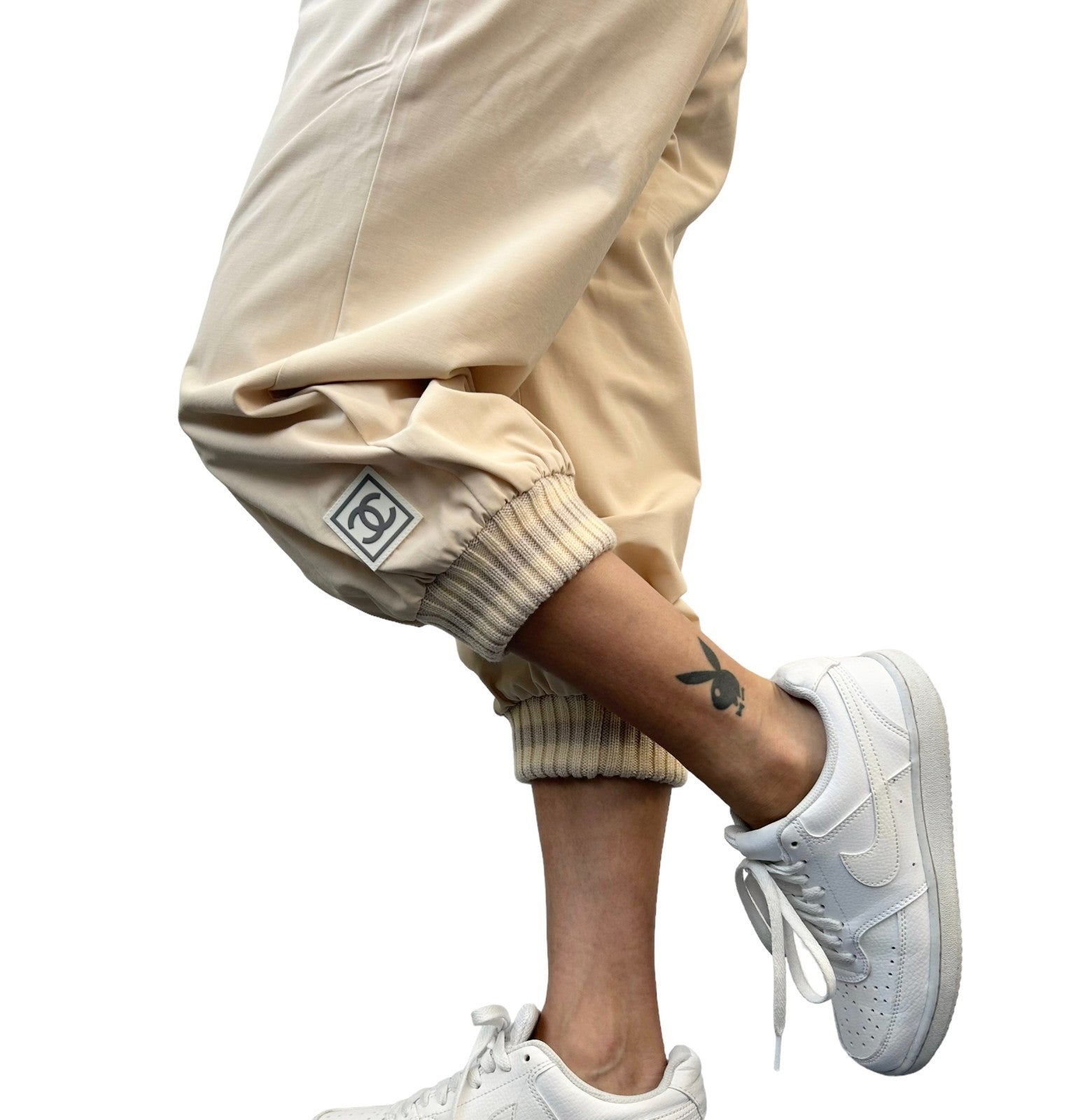 CHANEL Sport Vintage 01A CC Logo Jogger Pants #38 Ribbed Hem Light Beige Silver