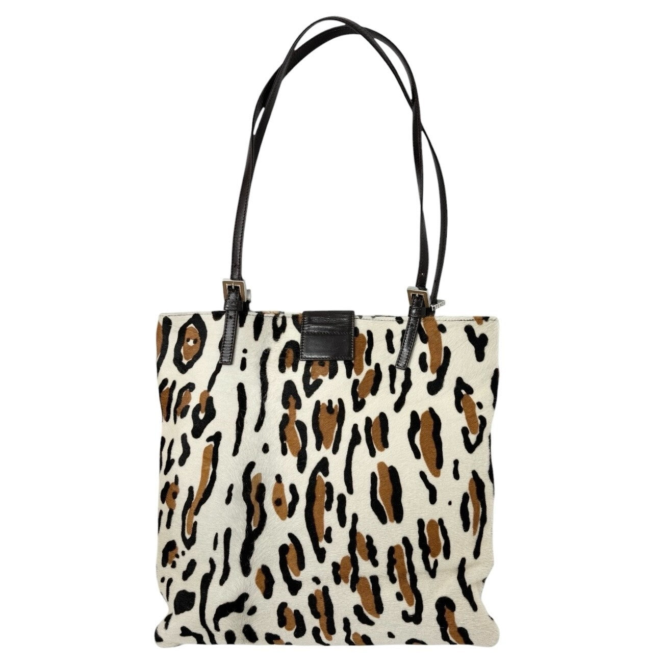 FENDI Vintage FF Logo Mamma Baguette Tote Bag Animal Print White Calf Hair