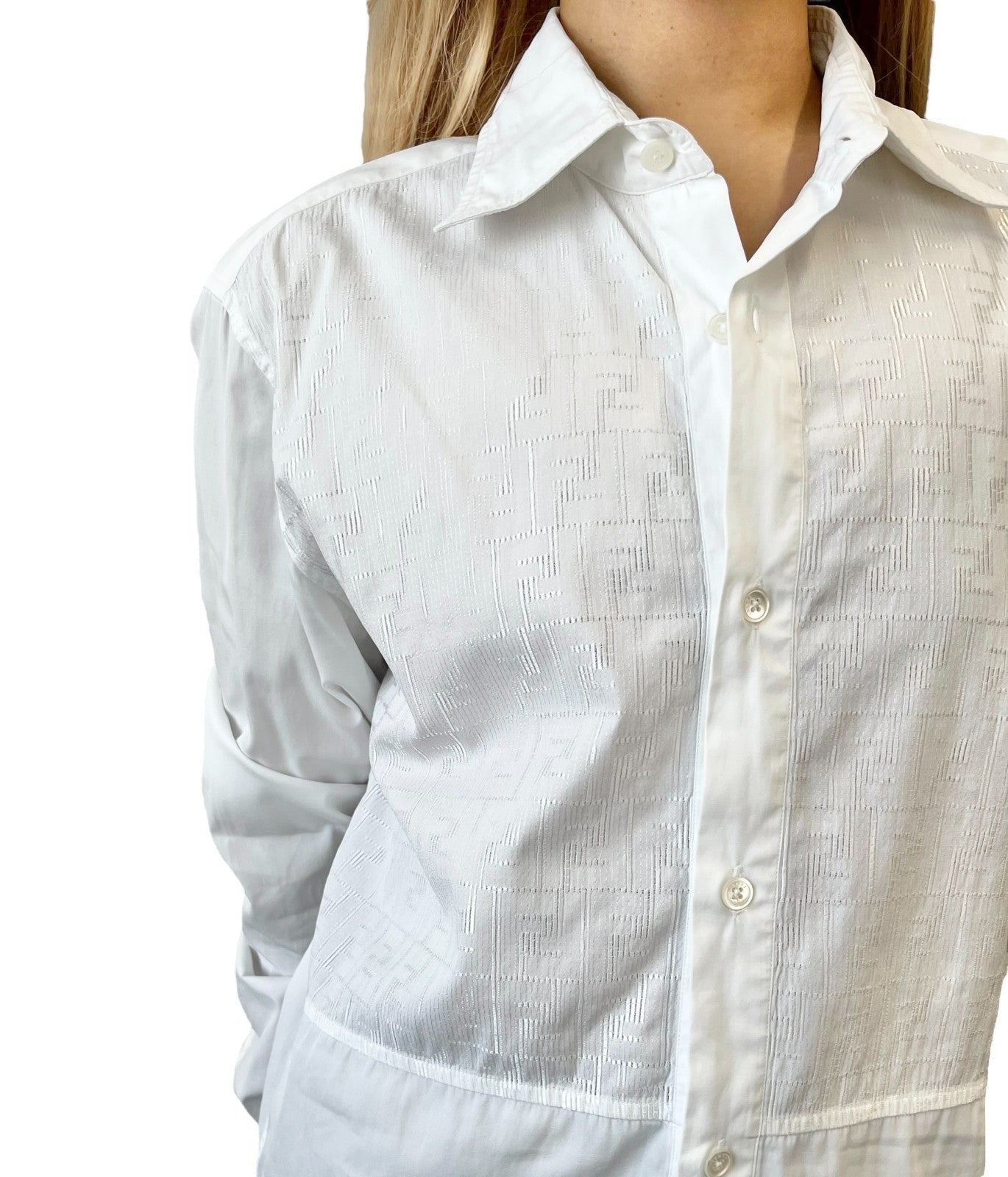 FENDI Vintage Zucca Monogram Long Sleeve Shirt #39 Button White Cotton