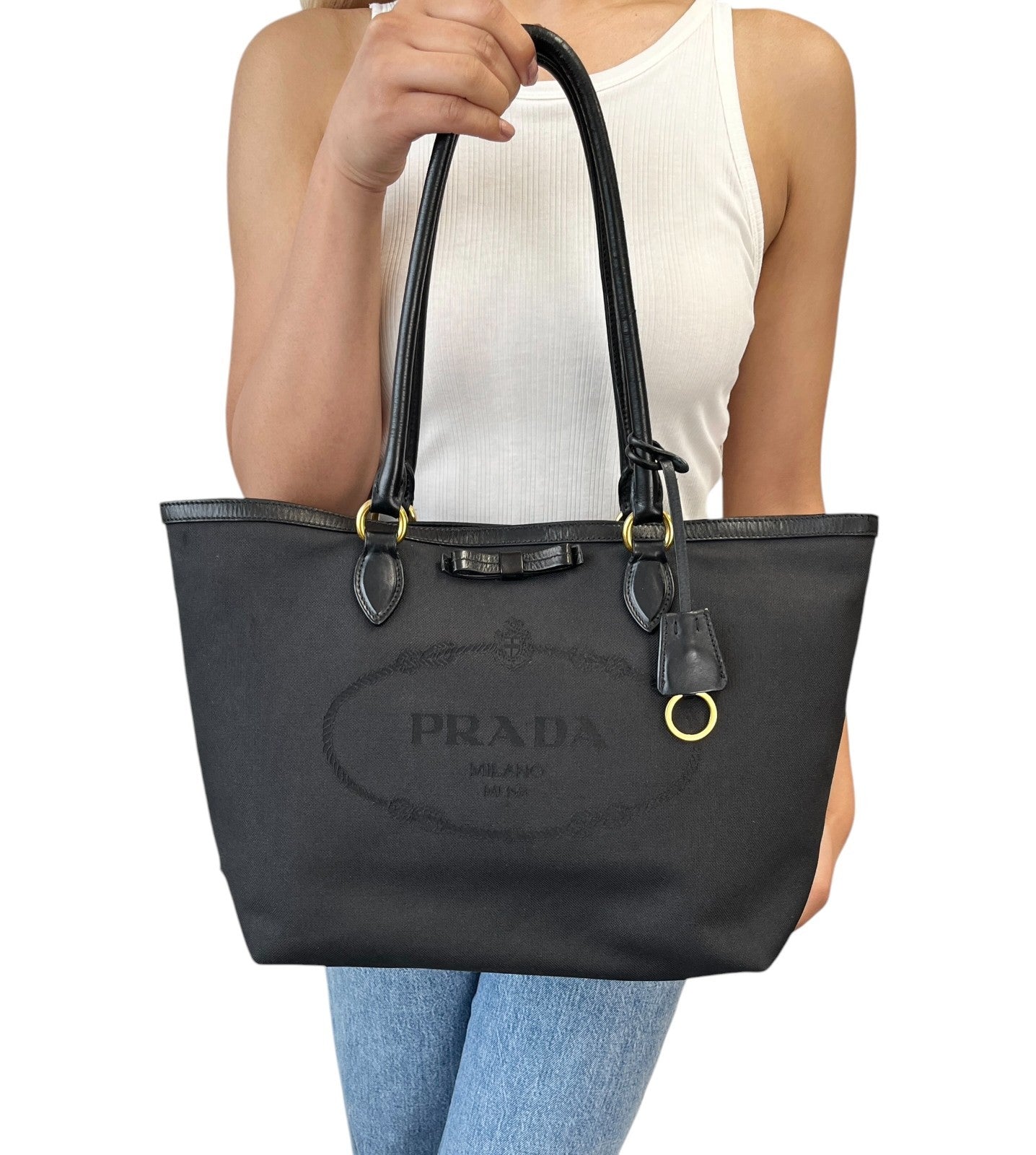 PRADA Vintage Milano Jacquard Logo Canvas Shoulder Tote Large Bag Black 902242