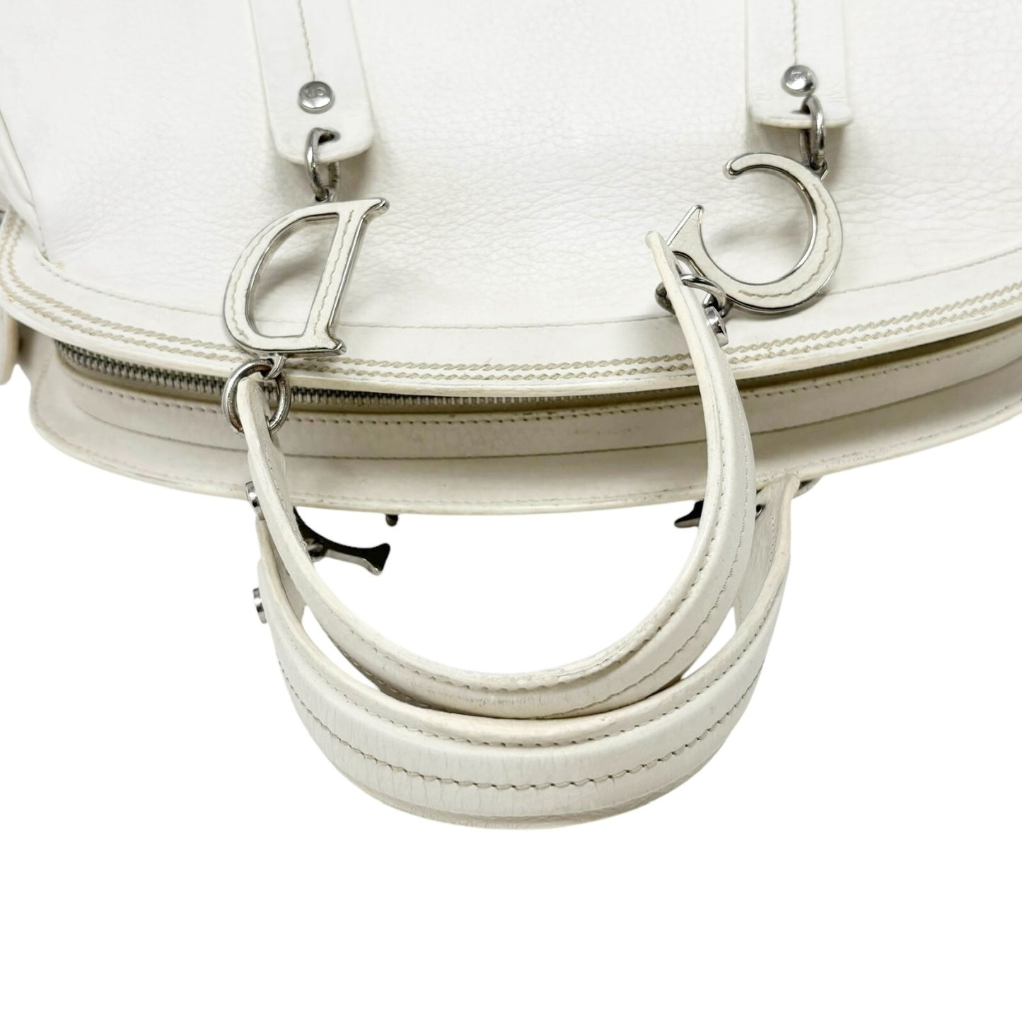 Christian Dior Vintage 2005 CD Logo Stitch Handbag White Silver Leather Rank AB