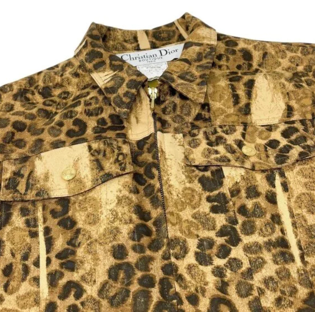 Christian Dior Vintage 2000 Logo Leopard Denim Jacket Coat #38 Brown Cotton
