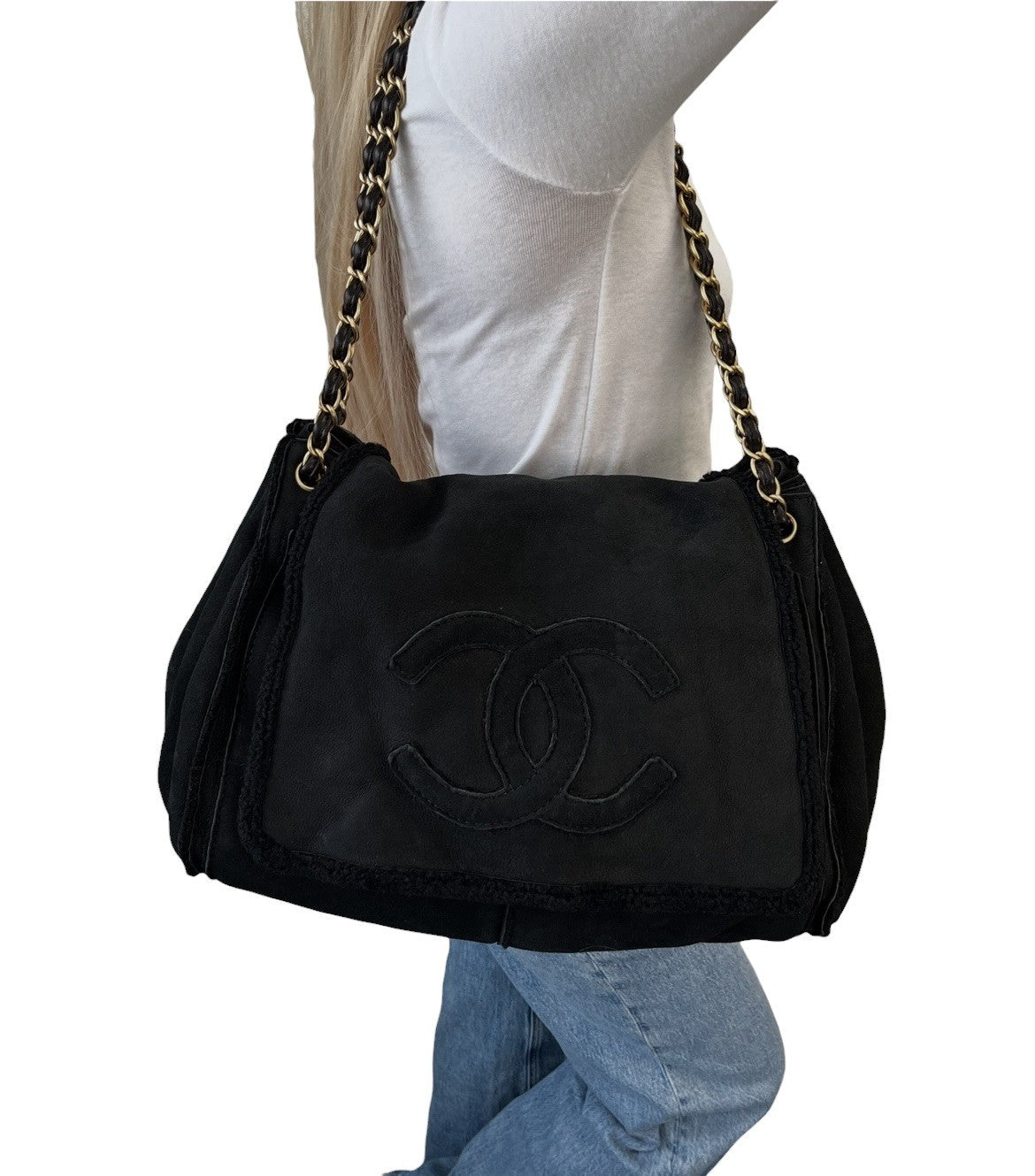 CHANEL Vintage CC Big Logo Shearling Chain Shoulder Bag Black Gold Suede Mouton