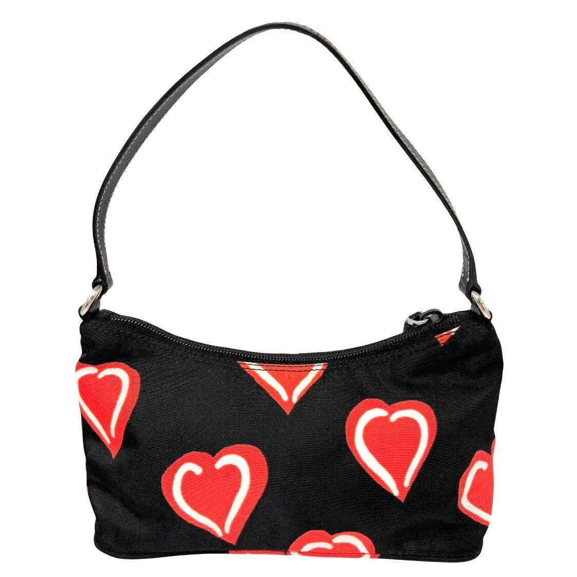 PRADA Vintage Logo Heart Pattern Shoulder Bag Pochette Black Red Nylon