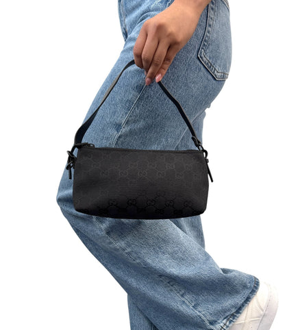 GUCCI Vintage GG Monogram Logo Canvas Mini Shoulder Bag Pochette Black 902035
