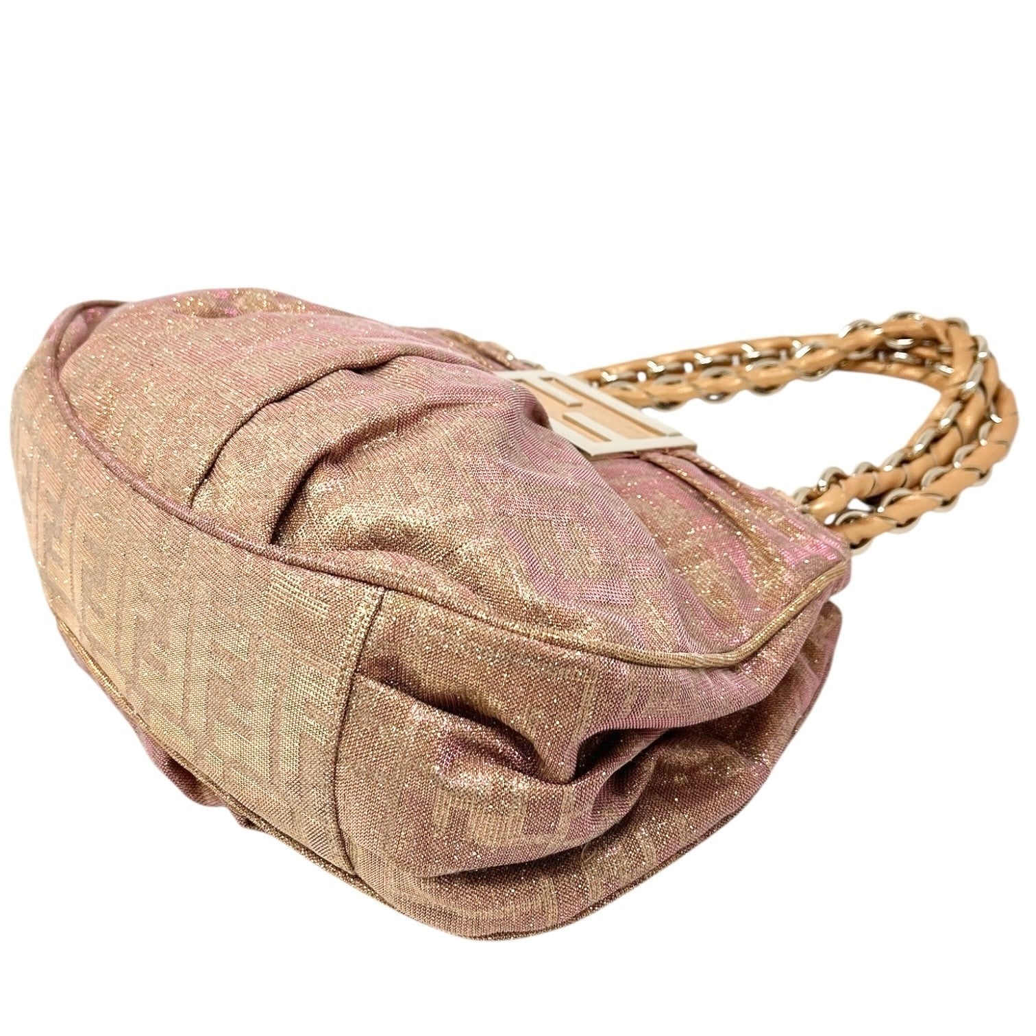 FENDI Vintage FF Logo Zucca Monogram Shoulder Bag Glitter Pink Beige Cotton