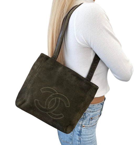 CHANEL Vintage Big CC Logo Embroidered Suede Shoulder Tote Bag Khaki