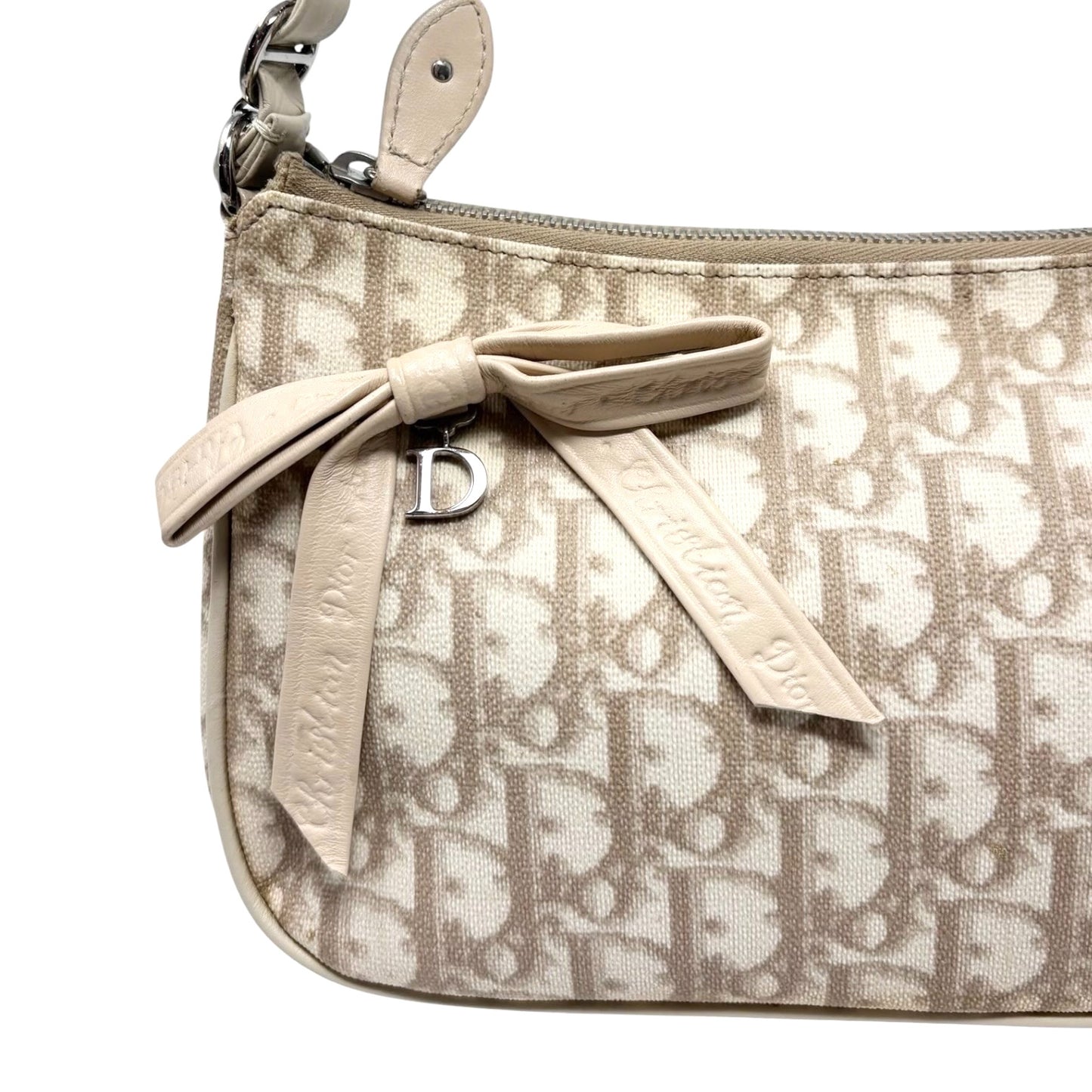 Christian Dior Vintage 2007 Romantique Trotter Monogram Bag Ribbon Beige 901856