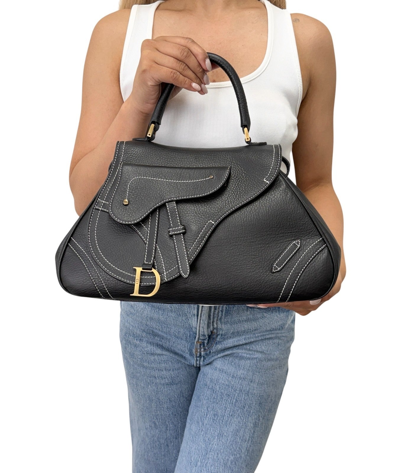 Christian Dior Vintage Double Saddle Stitch 2way Bag  Black Leather 902446