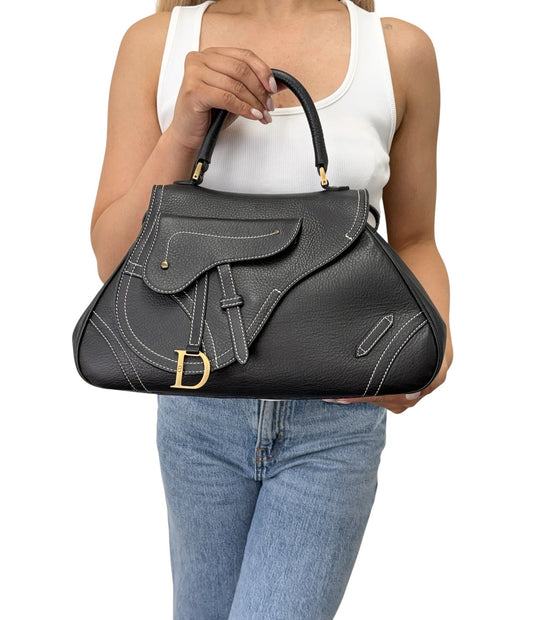 Christian Dior Vintage Double Saddle Stitch 2way Bag  Black Leather 902446