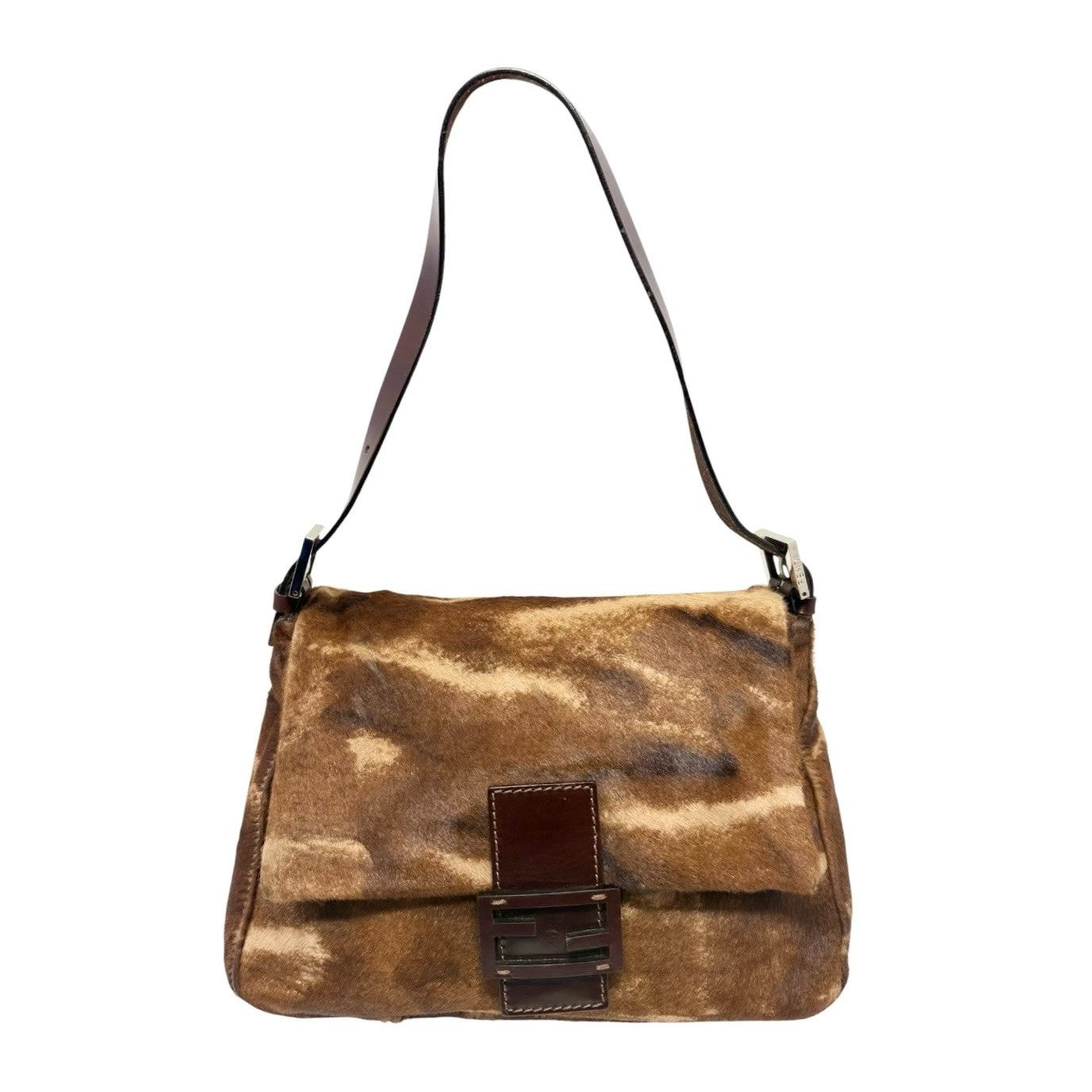 FENDI Vintage FF Mamma Baguette Pony Hair Shoulder Bag Brown Leather 902546