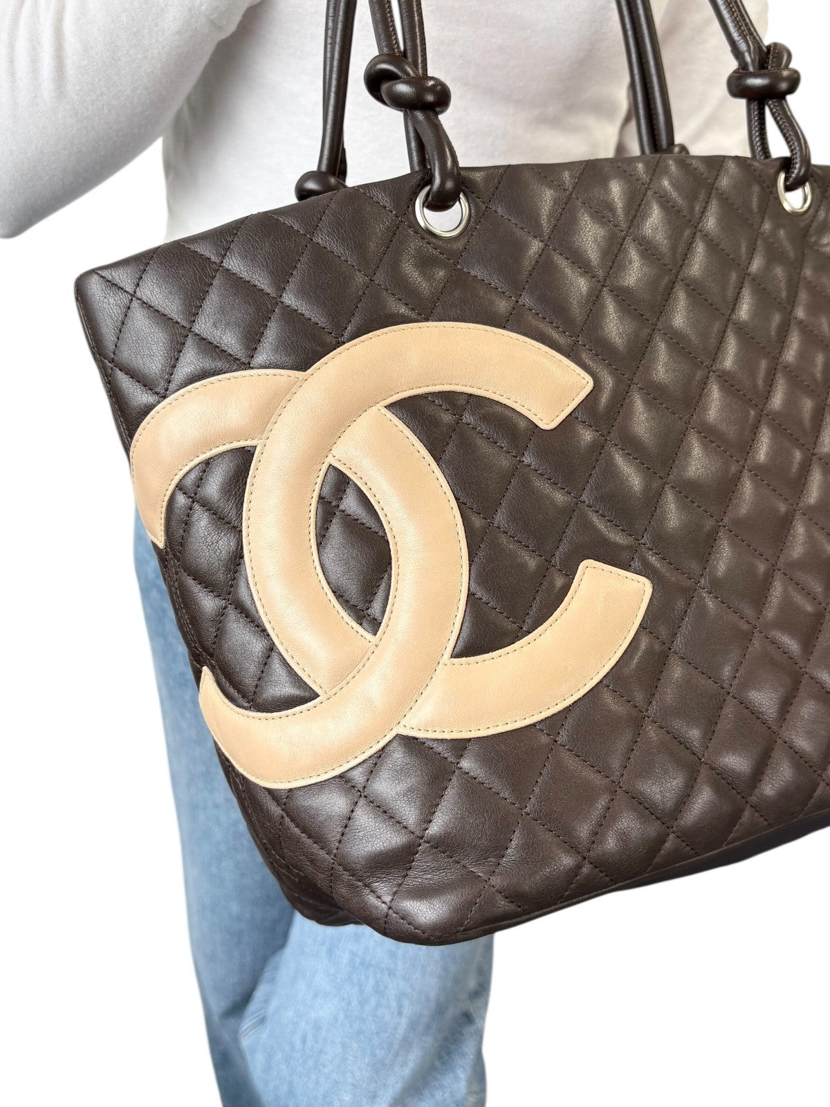 CHANEL Vintage Cambon Line CC Logo Quilted Tote Bag Brown Beige Leather