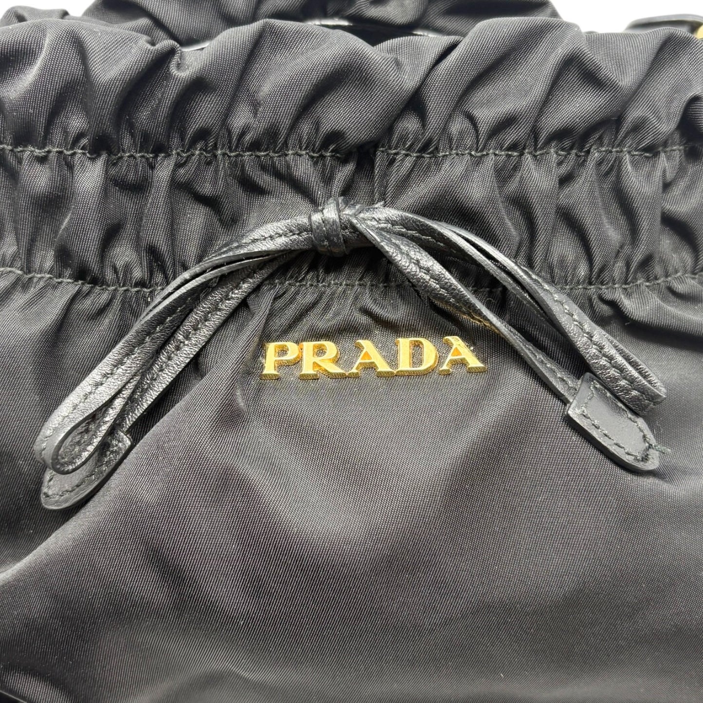 PRADA Vintage Logo Tessuto Nylon Shoulder Bag Black Gold Ribbon Leather