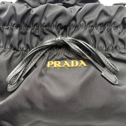 PRADA Vintage Logo Tessuto Nylon Shoulder Bag Black Gold Ribbon Leather