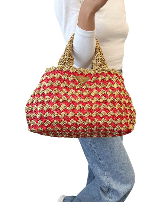 PRADA Vintage Triangle Logo Raffia Canapa Tote Bag Red Beige Gold Crochet