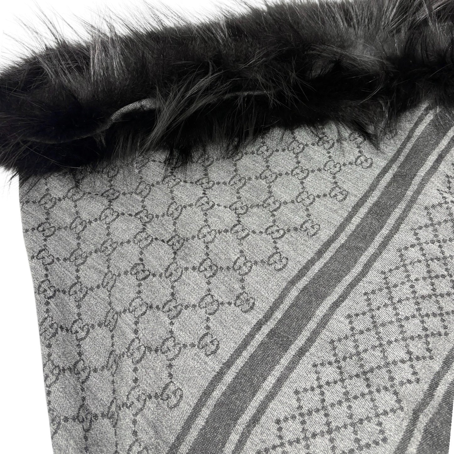 GUCCI Vintage GG Logo Monogram Fox Fur Shawl Scarf Wrap Gray Black 902584