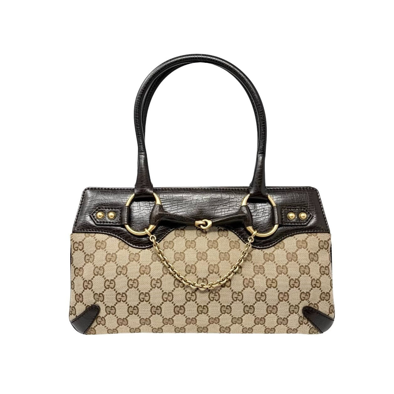 GUCCI Vintage GG Monogram Horsebit Chain Tote Bag Beige Brown Canvas 902254