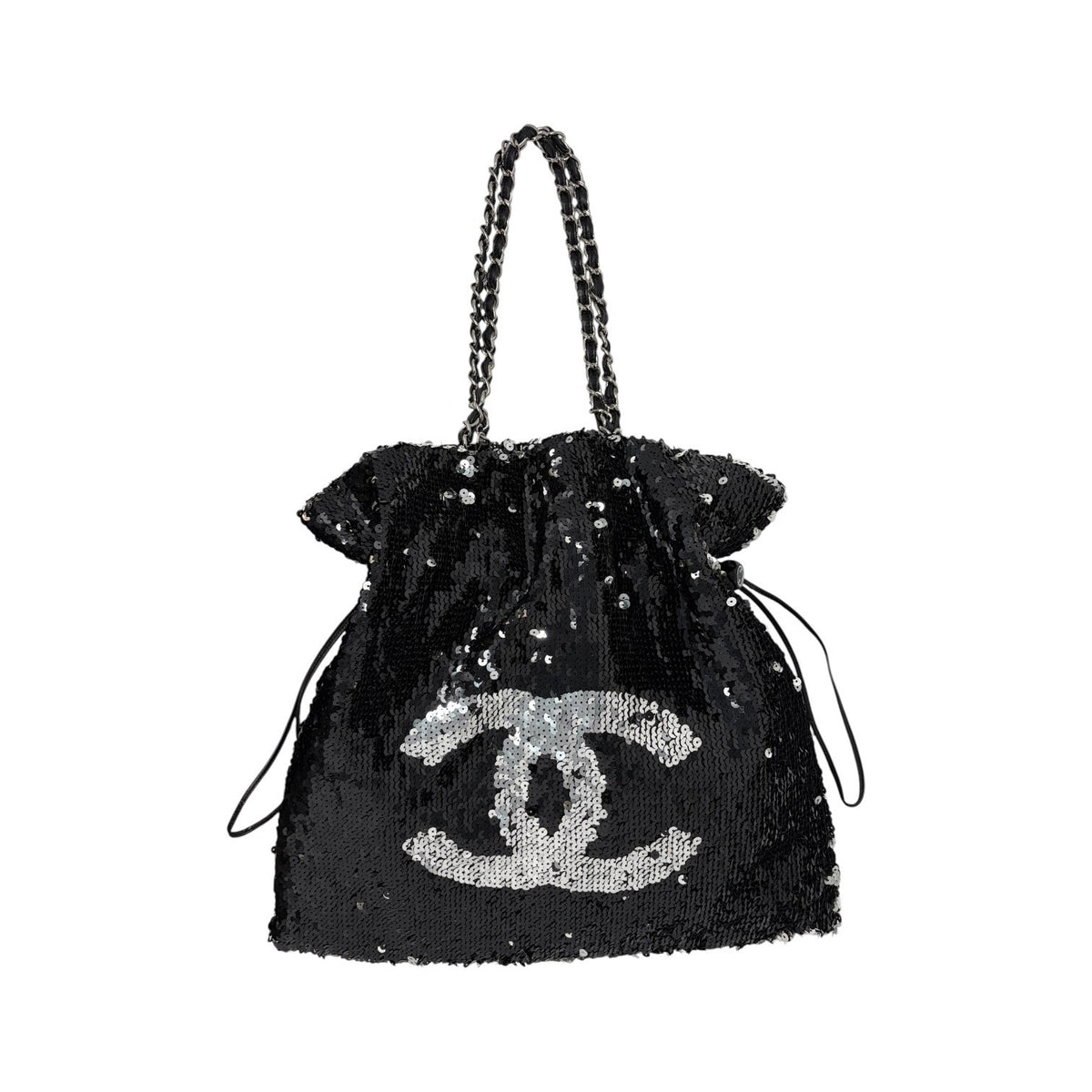 CHANEL Vintage CC Logo Sequins Chain Shoulder Bag Black Silver Leather 902476