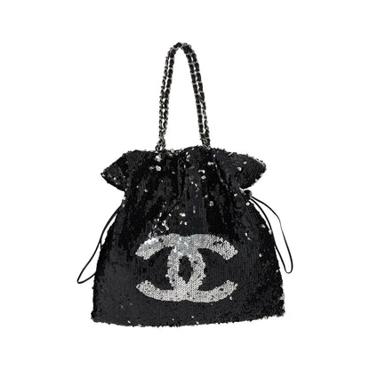 CHANEL Vintage CC Logo Sequins Chain Shoulder Bag Black Silver Leather 902476
