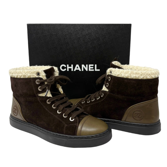 CHANEL Vintage 15A CC Suede Shearling High-cut Sneakers #38 Olive Green Brown