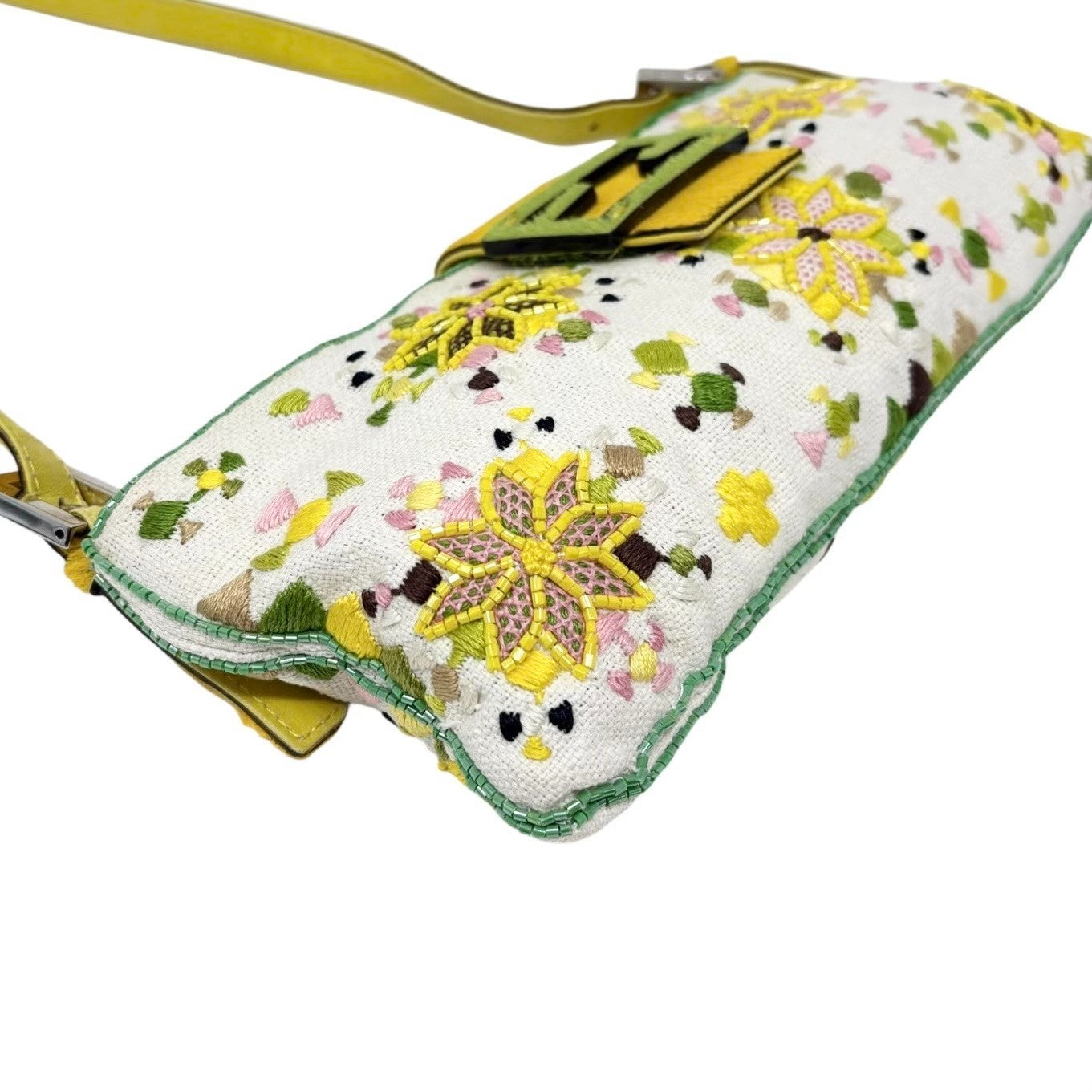 FENDI Vintage FF Beads Mamma Baguette Crossbody Bag Flower Embroidery Yellow