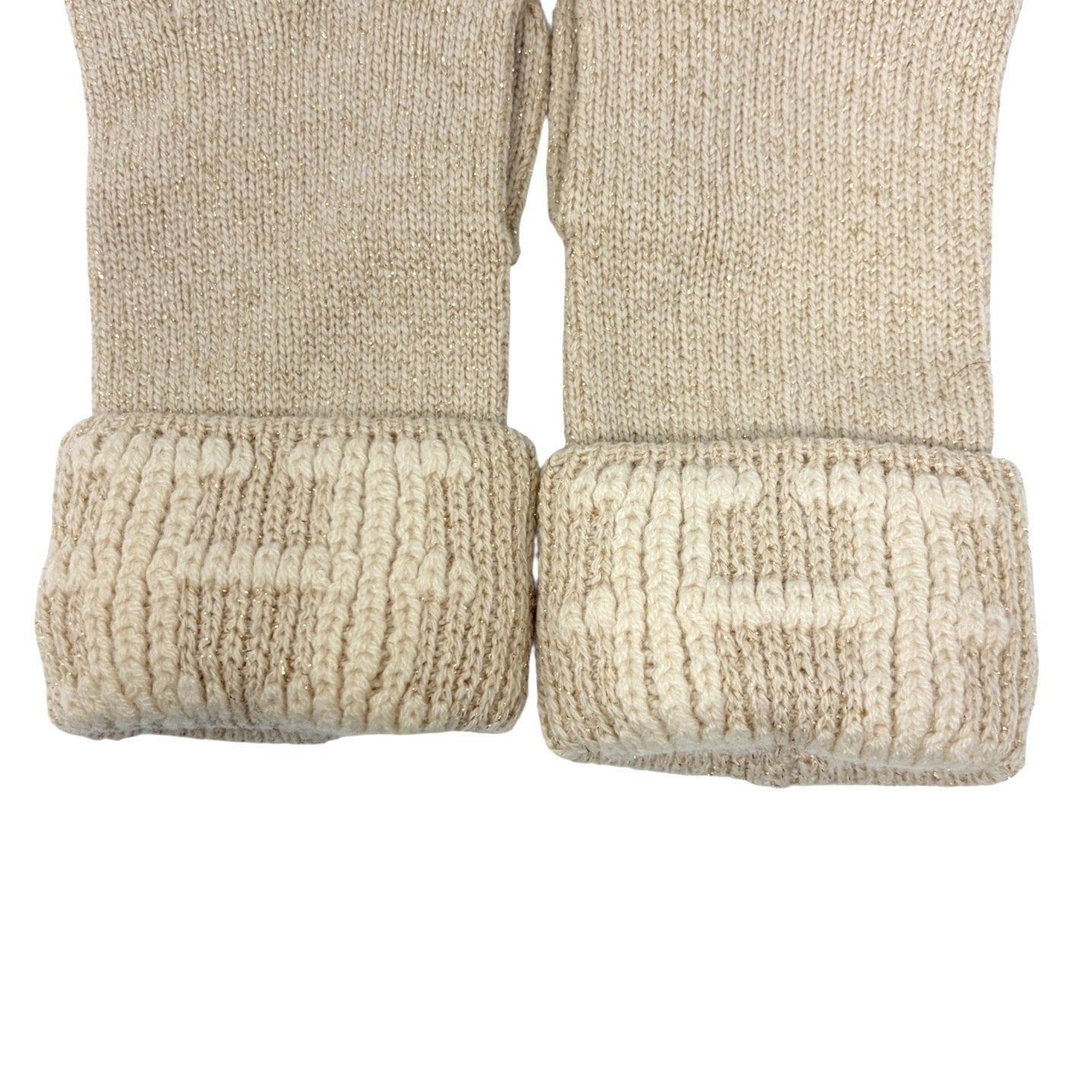 HERMES Vintage H Logo Embroidery Cashmere Ribbed Knit Gloves Glitter Beige Gold