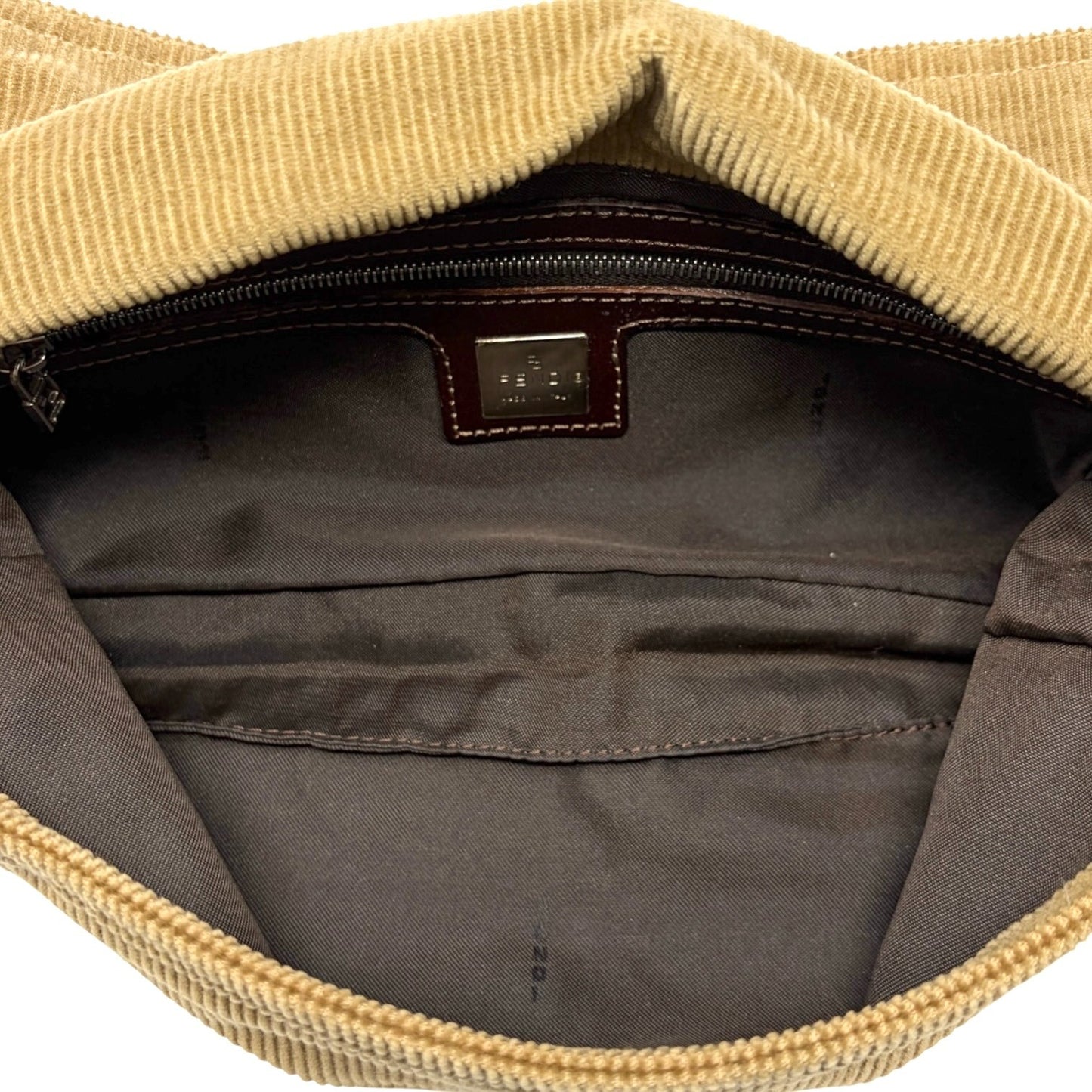 FENDI Vintage FF Logo Mamma Baguette Corduroy Shoulder Bag Beige Silver