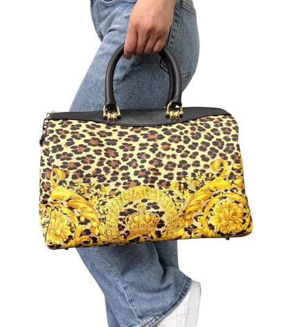 VERSACE Vintage Logo Leopard Baroque Crown Satchel Bag Yellow Black 902314