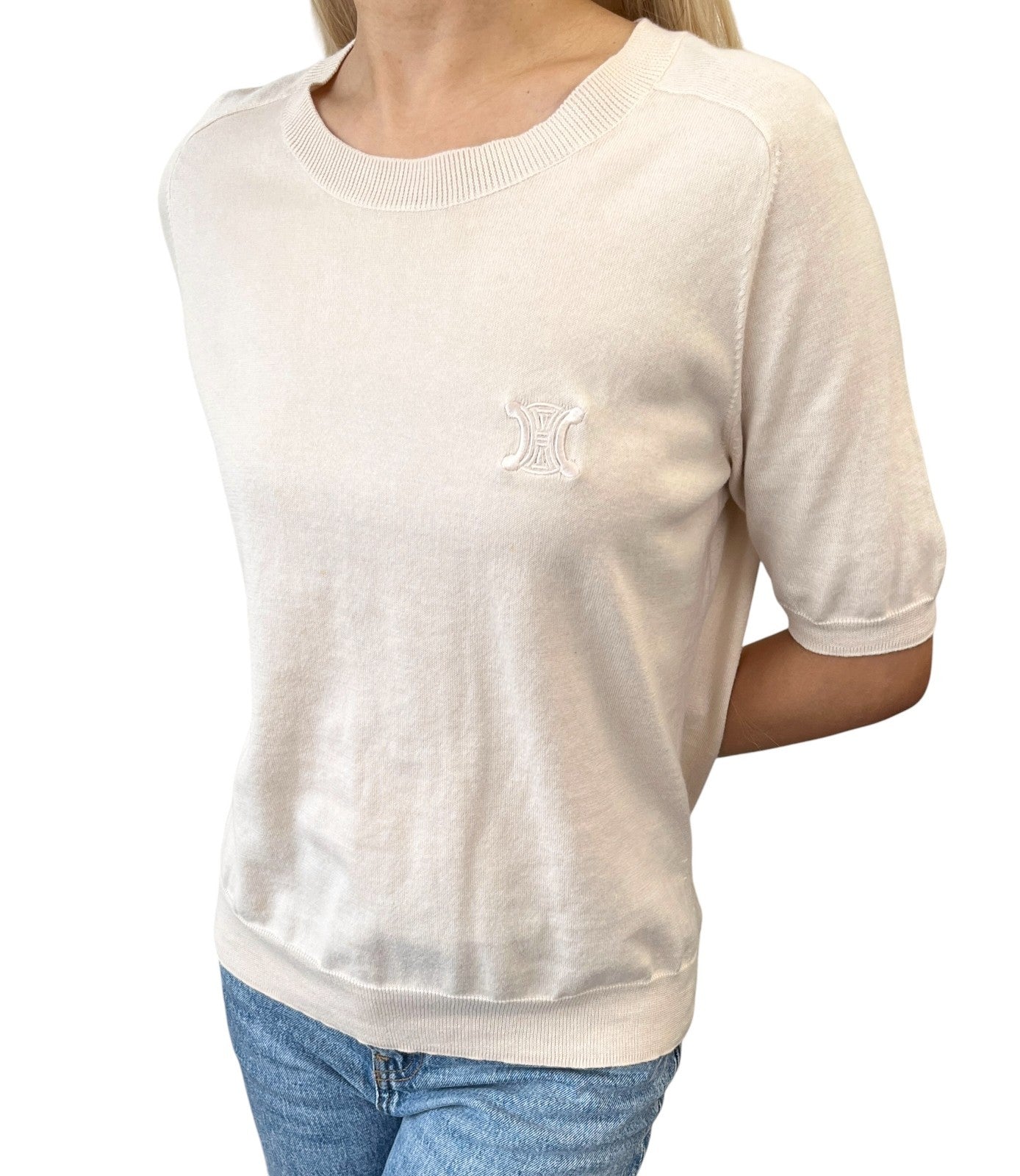 CELINE Vintage Macadam Logo Knit T-shirt Top Pink Beige Cotton 106955