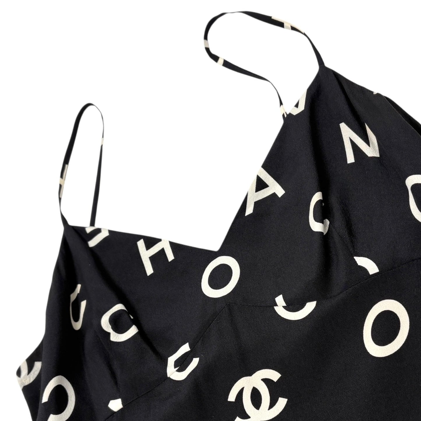 CHANEL Vintage 97P CC Logo Print Silk Camisole Slip Dress #40 Black White
