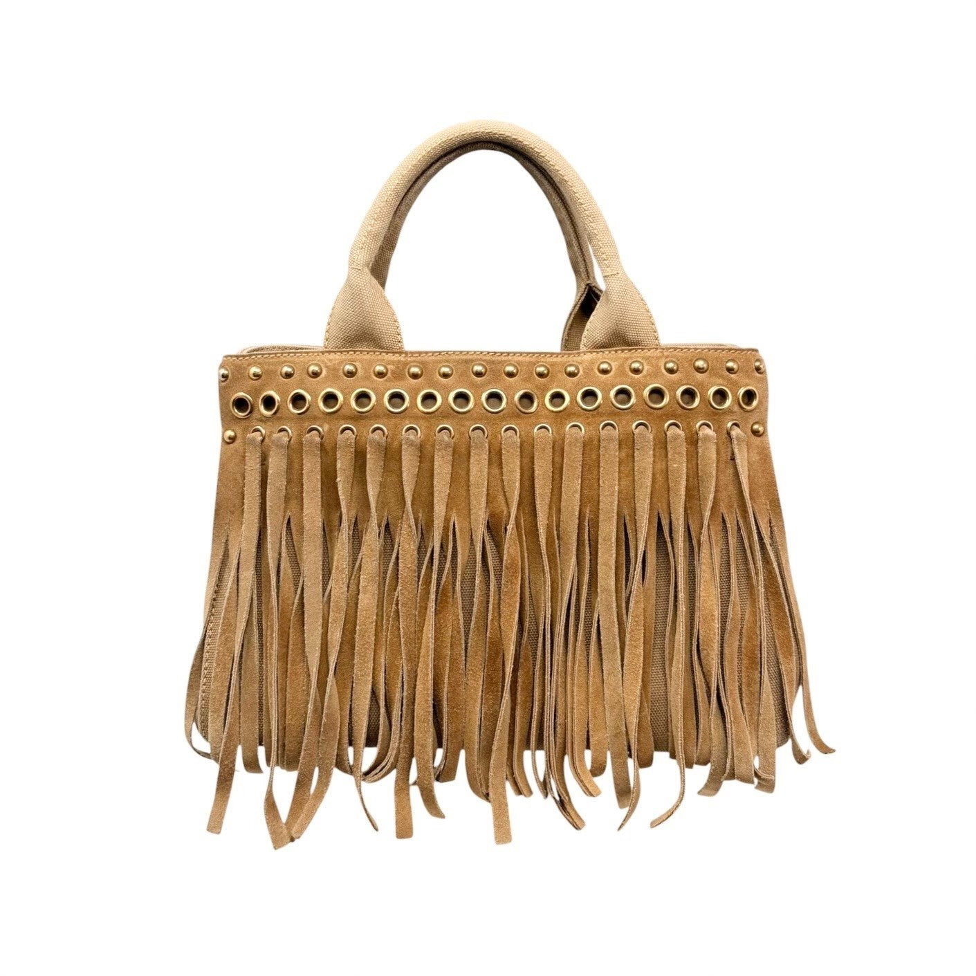 PRADA Vintage Logo Fringe Tote Bag Suede Canvas Brown Camel Gold 901835