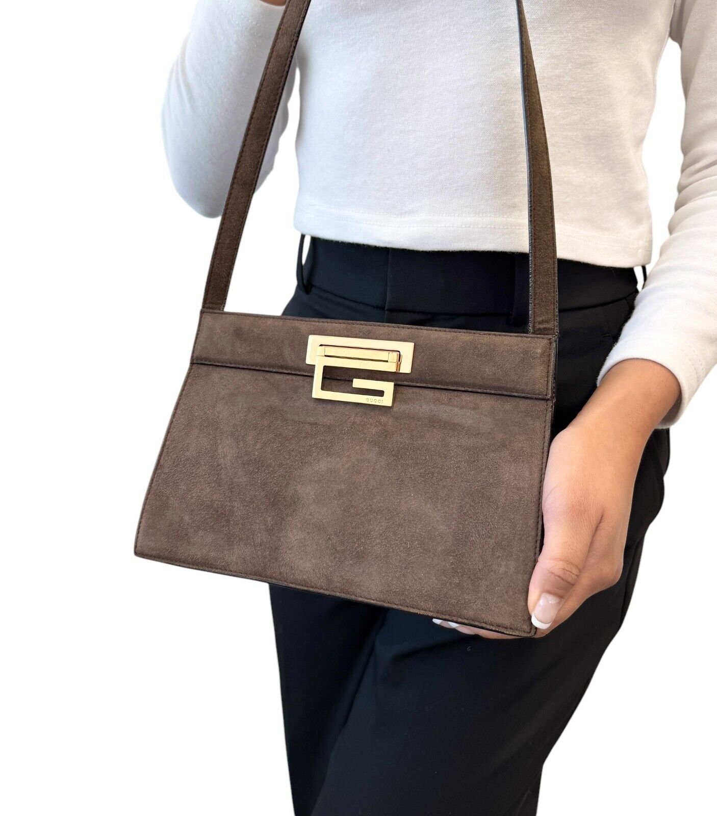 GUCCI Vintage G Square Logo Small Shoulder Bag Brown Gold Suede Leather