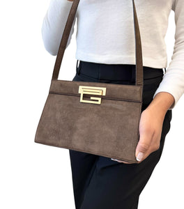 GUCCI Vintage G Square Logo Small Shoulder Bag Brown Gold Suede Leather