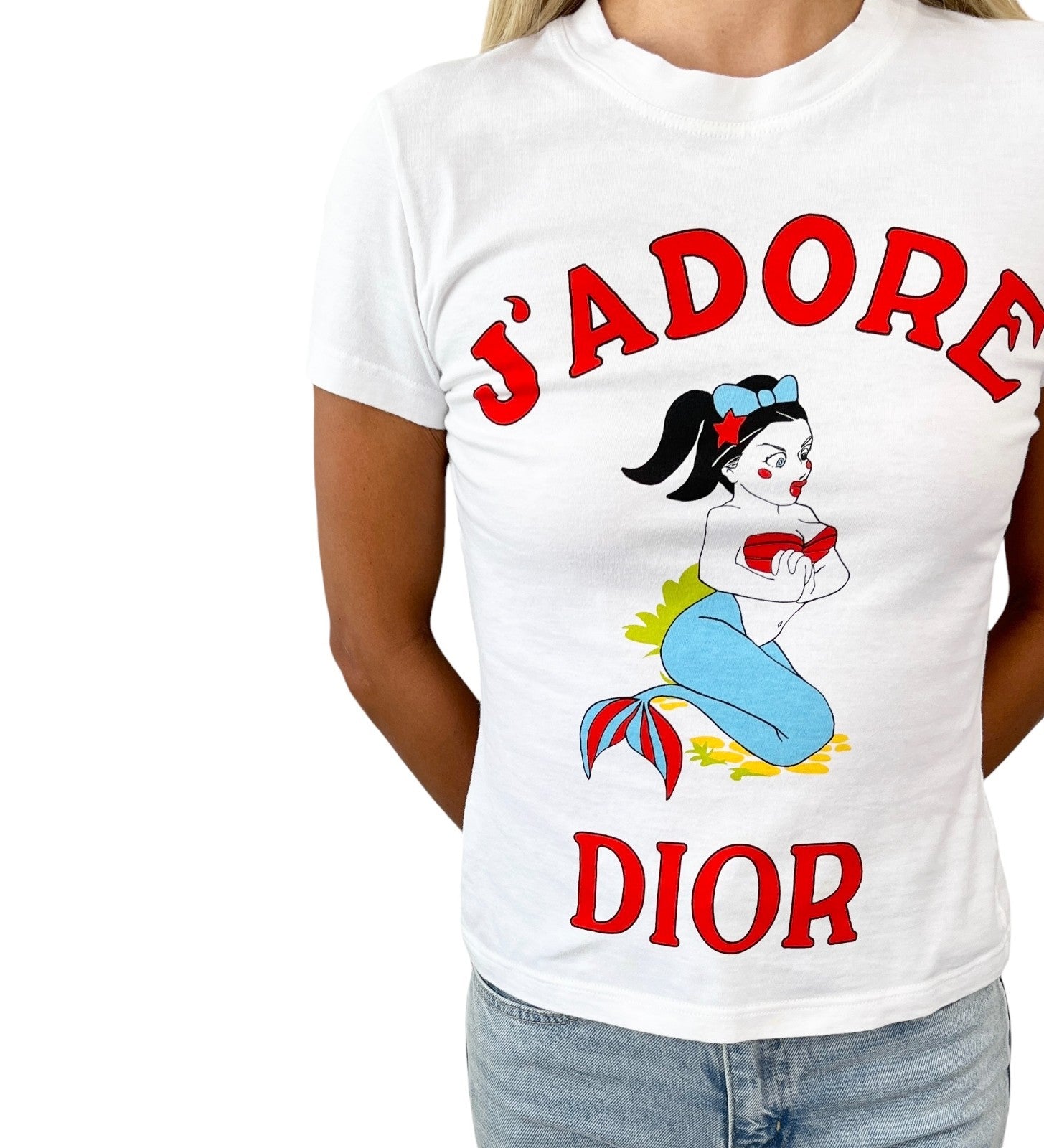 Christian Dior Vintage 2002 J'ADORE Cartoon Mermaid T-shirt Top #38 White Red