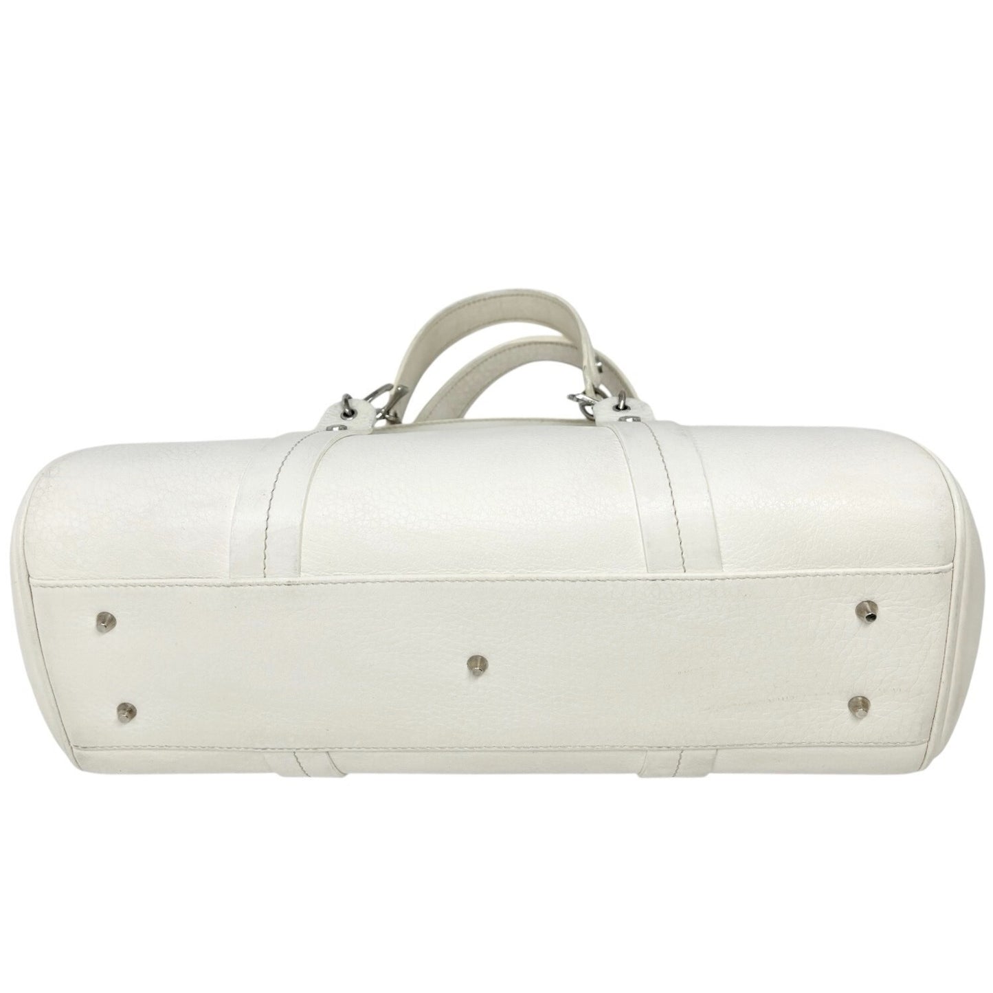 Christian Dior Vintage 2005 CD Logo Stitch Handbag White Silver Leather Rank AB