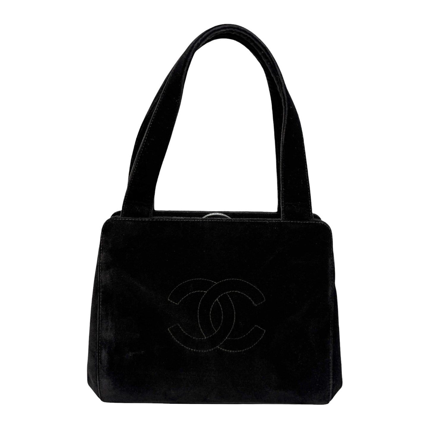CHANEL Vintage CC Logo Stitch Trapezoid Tote Bag Handbag Black Velour 902222