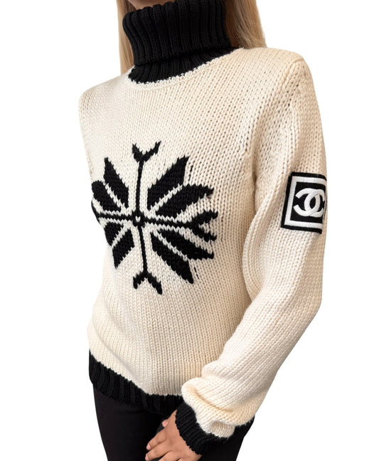 CHANEL Sport Vintage 08A CC Logo Snowflake Knit Turtleneck Sweater #38 901977