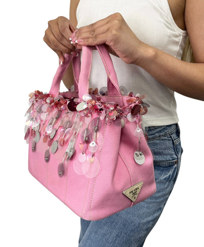 PRADA Vintage Triangle Logo Canapa Sequin Beads Hand bag Pink Canvas 902371