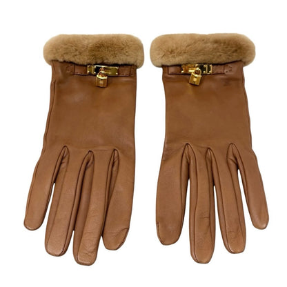 HERMES Vintage Kelly Cadena Fur Trim Lambskin Leather Gloves #7.5 Brown 902357