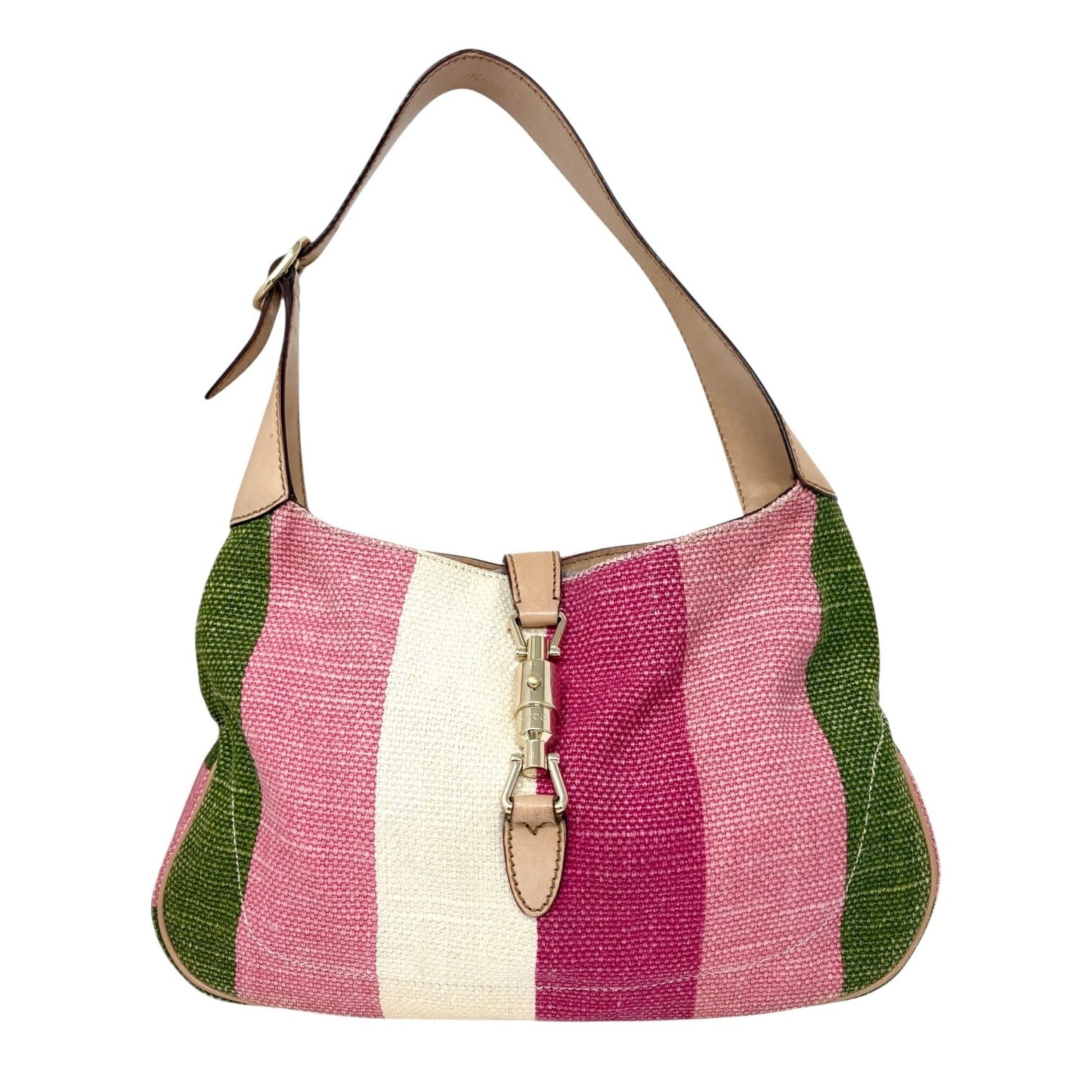 GUCCI Vintage Jackie Stripe Multicolor Shoulder Hobo Bag Handbag Beige Canvas