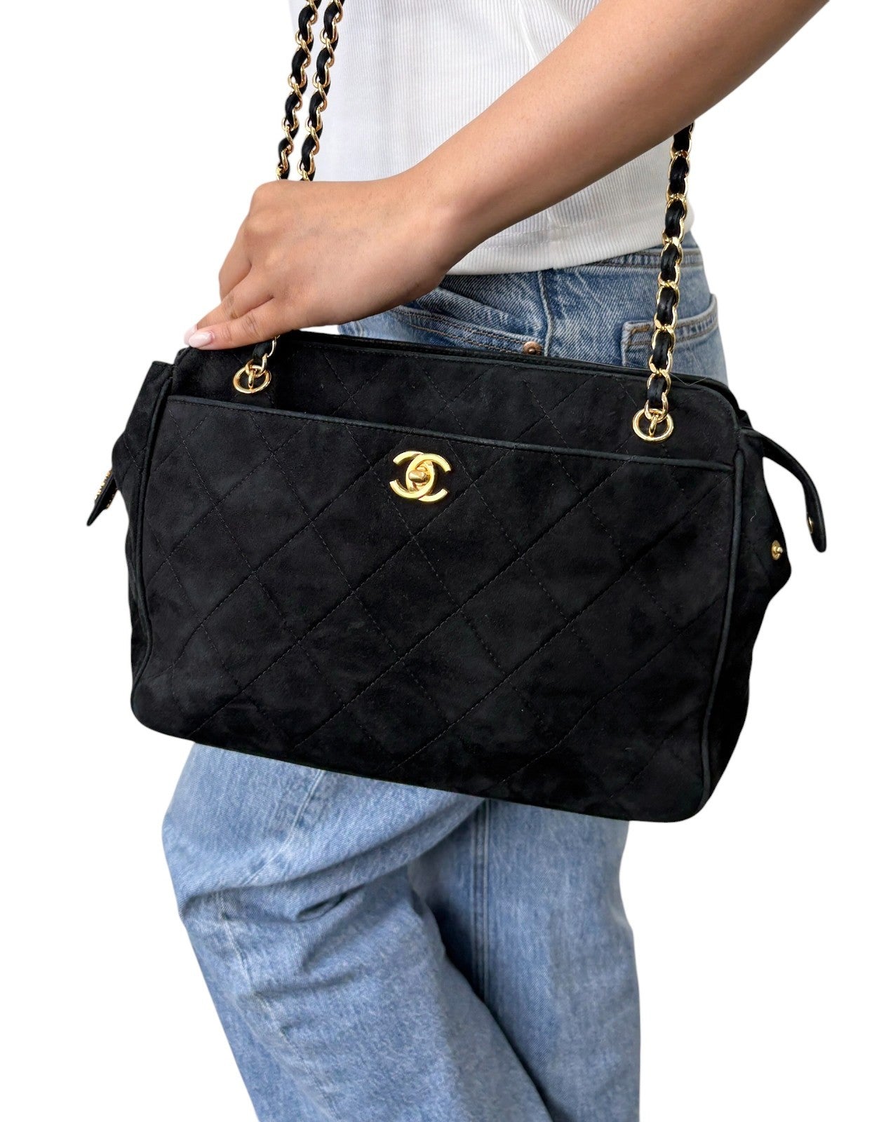 CHANEL Vintage CC Logo Quilted Chain Shoulder Bag Black Gold Suede 901890