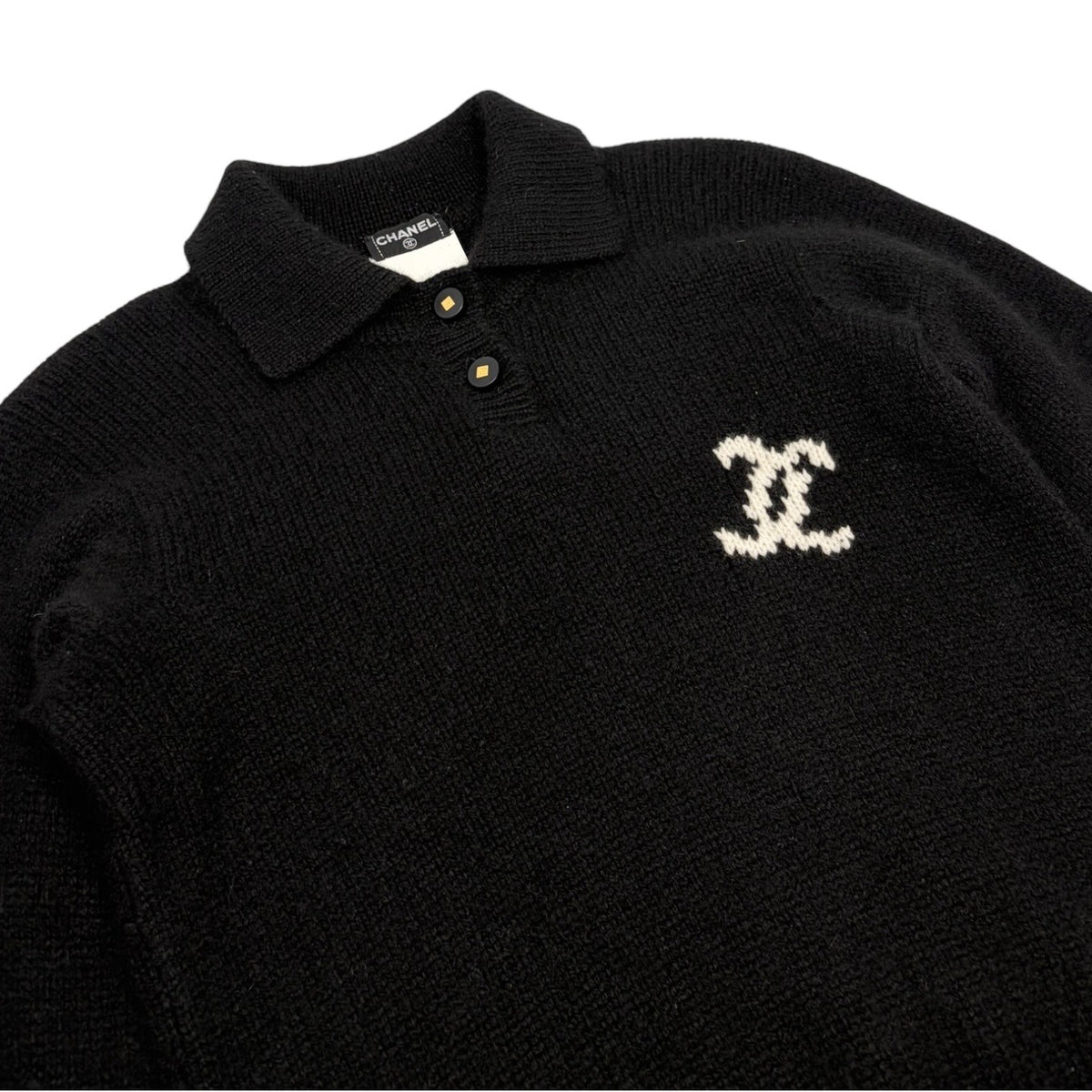 CHANEL Vintage 96A CC Logo Cashmere Knit Sweater Top #36 Black White 902484