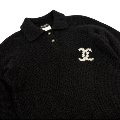 CHANEL Vintage 96A CC Logo Cashmere Knit Sweater Top #36 Black White 902484
