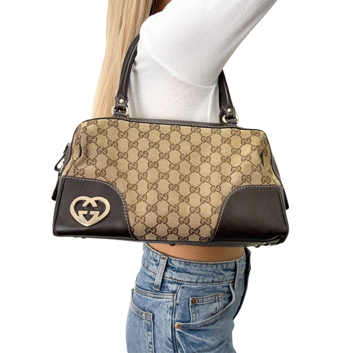 GUCCI Vintage GG Monogram Lovely Heart Shoulder Bag Beige Brown Canvas 902325