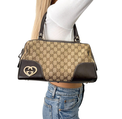 GUCCI Vintage GG Monogram Lovely Heart Shoulder Bag Beige Brown Canvas 902325
