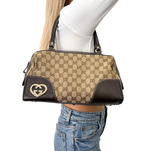 GUCCI Vintage GG Monogram Lovely Heart Shoulder Bag Beige Brown Canvas 902325