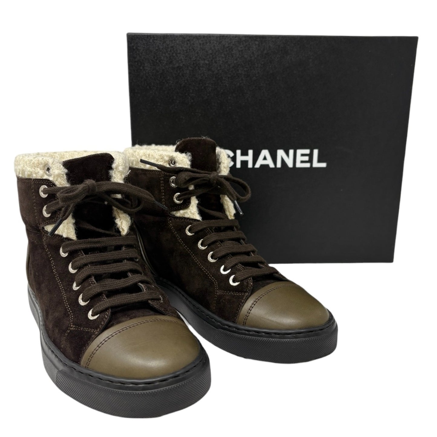 CHANEL Vintage 15A CC Suede Shearling High-cut Sneakers #38 Olive Green Brown