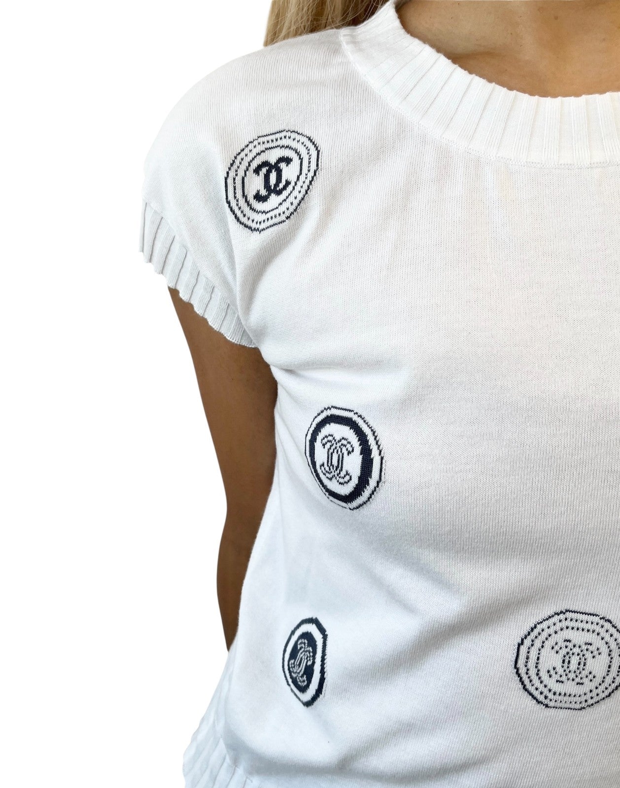CHANEL Vintage 01P CC Logo T-shirt Top #34 White Blue Cotton Rib short sleeve