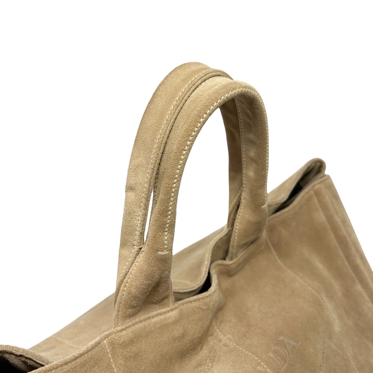 PRADA Vintage Canapa Big Logo Suede Large Tote Bag Beige Gold Stitch Shopper